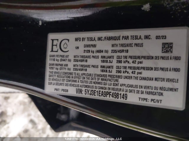 5YJ3E1EA9PF498149 Tesla MODEL 3