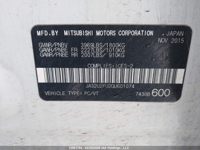 12551784 :رقم المزاد ، JA32U2FU2GU601074 vin ، 2016 Mitsubishi Lancer Es مزاد بيع