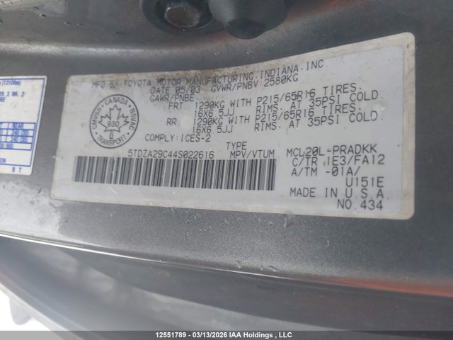 Aukcja sprzedaży 2004 Toyota Sienna Ce, vin: 5TDZA29C44S022616, numer aukcji: 12551789