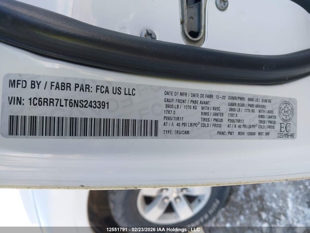 12551791 :رقم المزاد ، 1C6RR7LT6NS243391 vin ، 2022 Ram 1500 Classic Slt مزاد بيع