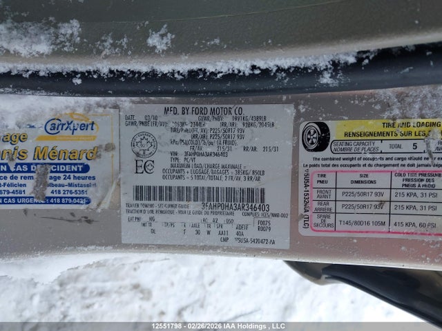 Продажа на аукционе авто 2010 Ford Fusion, vin: 3FAHP0HA3AR346403, номер лота: 12551798