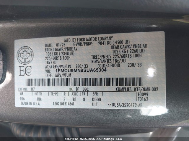 Aukcja sprzedaży 2025 Ford Escape St-line, vin: 1FMCU9MN9SUA65304, numer aukcji: 12551812