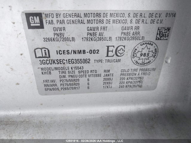Продаж на аукціоні авто 2014 Chevrolet Silverado 1500 1lz/2lz, vin: 3GCUKSEC1EG355062, номер лоту: 12551816