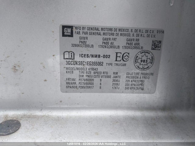 Продаж на аукціоні авто 2014 Chevrolet Silverado 1500 1lz/2lz, vin: 3GCUKSEC1EG355062, номер лоту: 12551816
