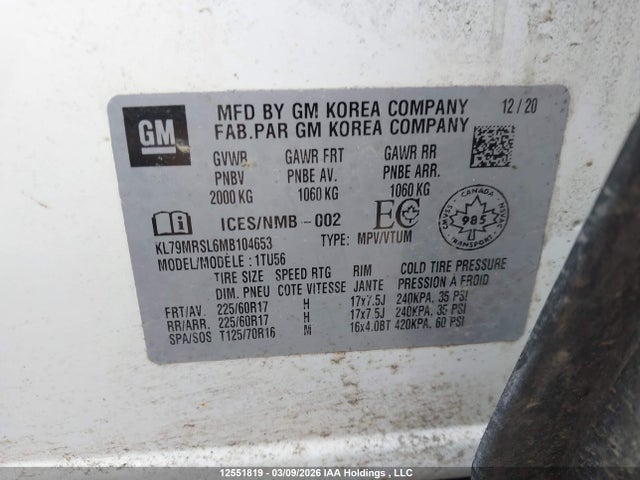 12551819 :رقم المزاد ، KL79MRSL6MB104653 vin ، 2021 Chevrolet Trailblazer Lt مزاد بيع
