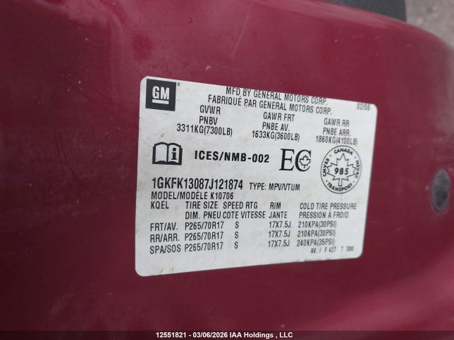 Aukcja sprzedaży 2007 Gmc Yukon Sle/slt, vin: 1GKFK13087J121874, numer aukcji: 12551821