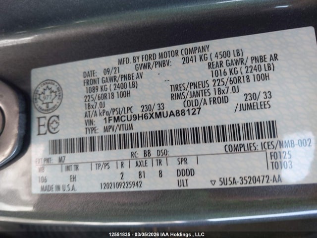 1FMCU9H6XMUA88127 Ford ESCAPE SEL