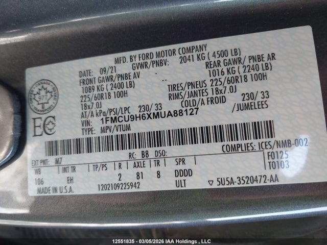 1FMCU9H6XMUA88127 Ford ESCAPE SEL