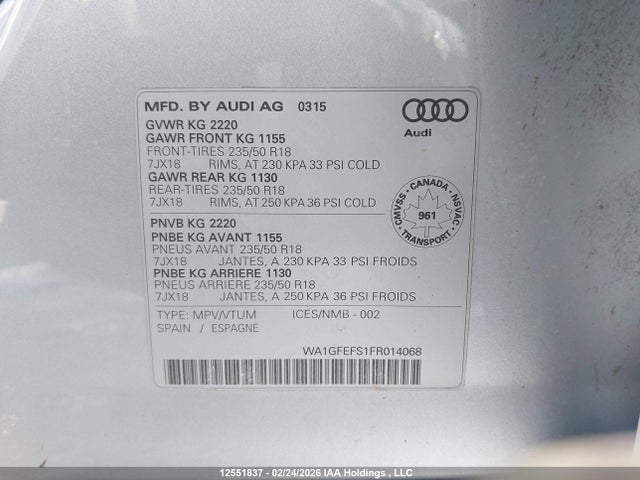 WA1GFEFS1FR014068 Audi Q3 4p Ti