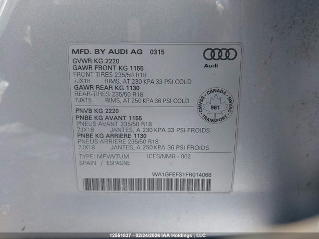 WA1GFEFS1FR014068 Audi Q3 4p Ti