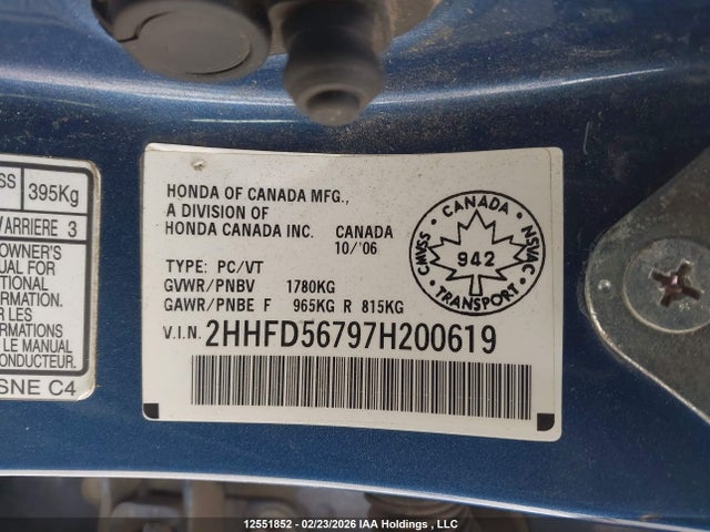 Продажа на аукционе авто 2007 Acura Csx Premium Navigation, vin: 2HHFD56797H200619, номер лота: 12551852