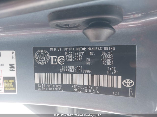 Auction sale of the 2020 Toyota Corolla Le, vin: 5YFBPRBE0LP139864, lot number: 12551853