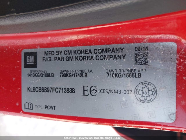 Aukcja sprzedaży 2015 Chevrolet Spark Ls, vin: KL8CB6S97FC713838, numer aukcji: 12551860