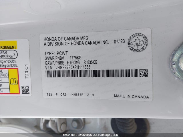 Aukcja sprzedaży 2023 Honda Civic Sport, vin: 2HGFE2F5XPH111883, numer aukcji: 12551883