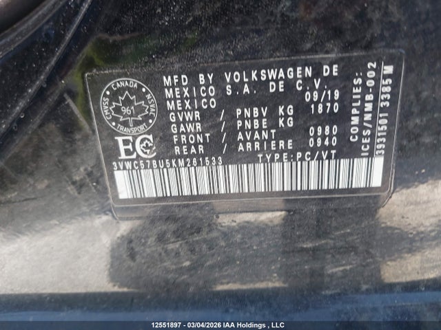 2019 Volkswagen Jetta 1.4 Tsi Comfortline მანქანა იყიდება აუქციონზე, vin: 3VWC57BU5KM261533, აუქციონის ნომერი: 12551897