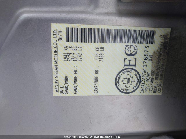 12551899 :رقم المزاد ، 1N4AL2AP7AC176875 vin ، 2010 Nissan Altima 2.5 S مزاد بيع