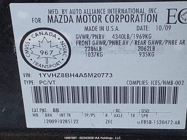 2010 Mazda 6 I მანქანა იყიდება აუქციონზე, vin: 1YVHZ8BH4A5M20773, აუქციონის ნომერი: 12551907