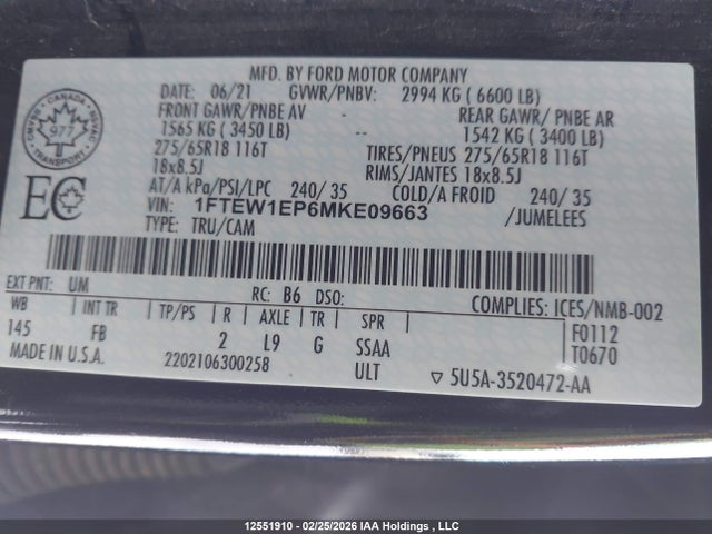 1FTEW1EP6MKE09663 Ford F-150 Xlt