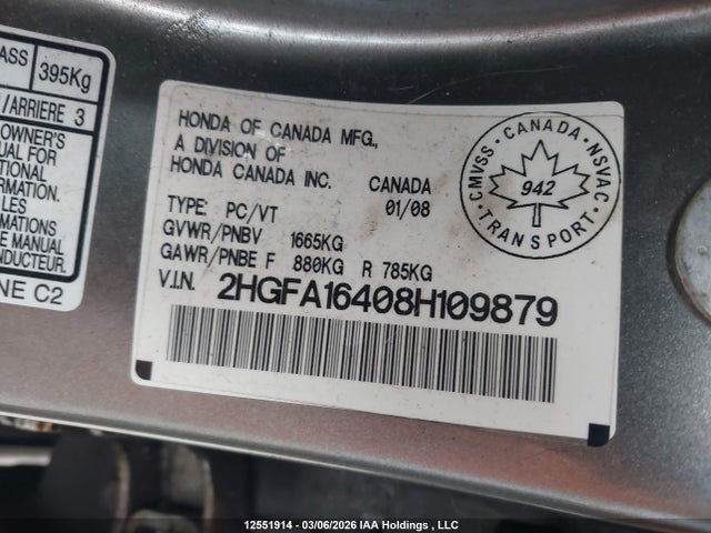 12551914 :رقم المزاد ، 2HGFA16408H109879 vin ، 2008 Honda Civic مزاد بيع