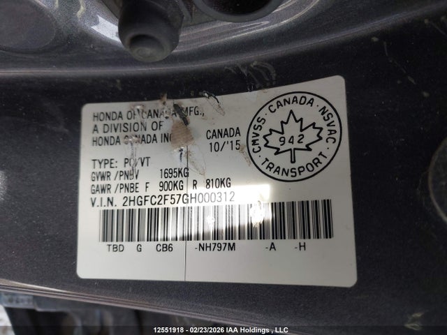 12551918 :رقم المزاد ، 2HGFC2F57GH000312 vin ، 2016 Honda Civic Lx مزاد بيع