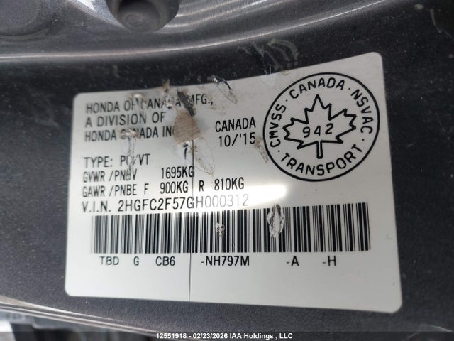 12551918 :رقم المزاد ، 2HGFC2F57GH000312 vin ، 2016 Honda Civic Lx مزاد بيع