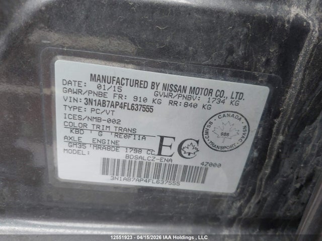 Продажа на аукционе авто 2015 Nissan Sentra, vin: 3N1AB7AP4FL637555, номер лота: 12551923