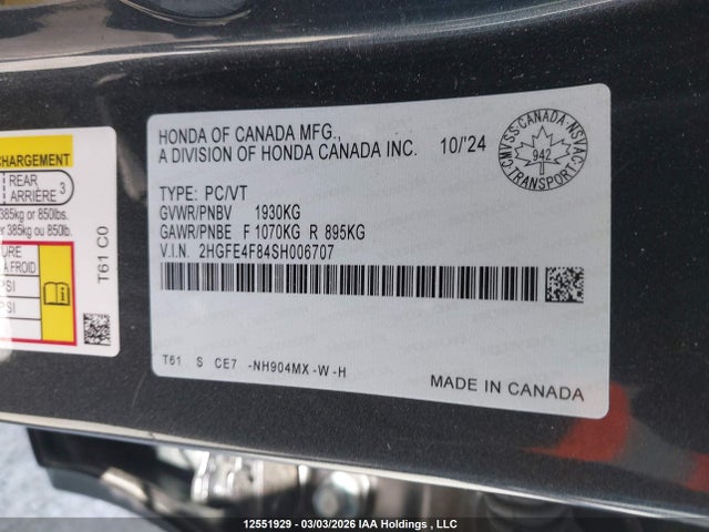 Aukcja sprzedaży 2025 Honda Civic Sport Hybrid/sport Touring Hybrid, vin: 2HGFE4F84SH006707, numer aukcji: 12551929