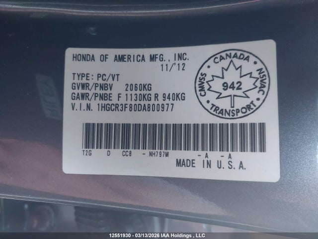 Aukcja sprzedaży 2013 Honda Accord Ex-l V6, vin: 1HGCR3F80DA800977, numer aukcji: 12551930