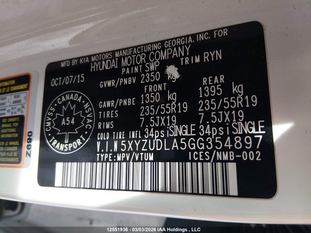 5XYZUDLA5GG354897 Hyundai SANTA FE SPORT