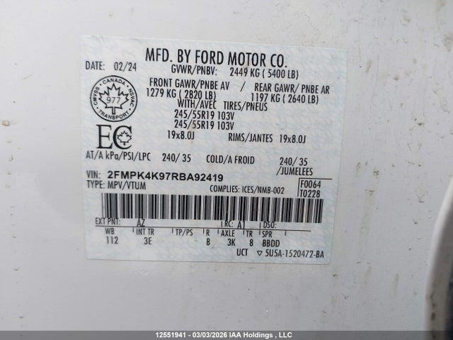 12551941 :رقم المزاد ، 2FMPK4K97RBA92419 vin ، 2024 Ford Edge مزاد بيع