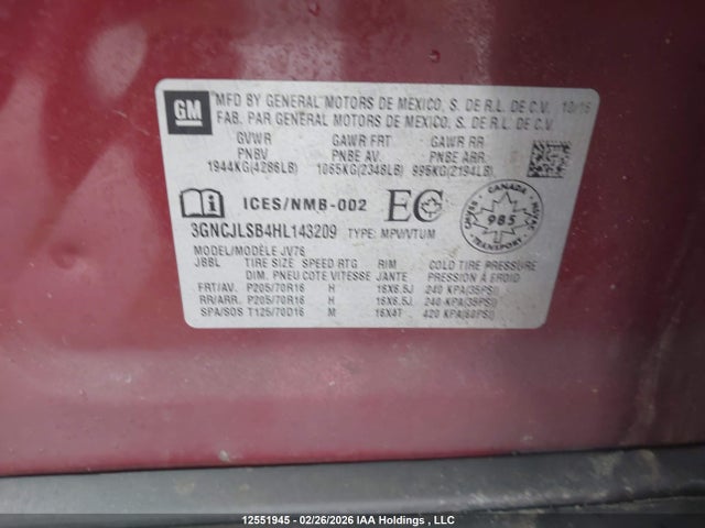 Продаж на аукціоні авто 2017 Chevrolet Trax 1lt, vin: 3GNCJLSB4HL143209, номер лоту: 12551945