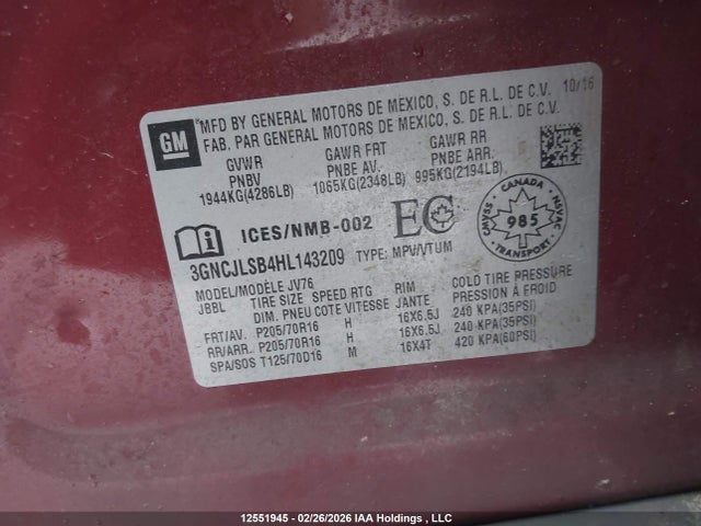 Продаж на аукціоні авто 2017 Chevrolet Trax 1lt, vin: 3GNCJLSB4HL143209, номер лоту: 12551945