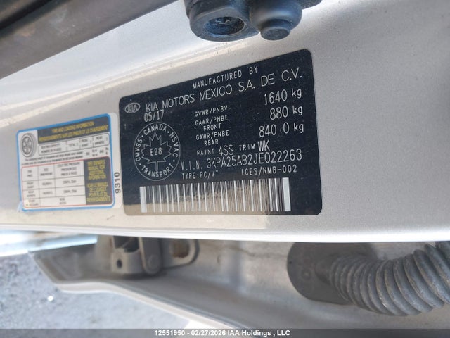 3KPA25AB2JE022263 KIA RIO LX/S