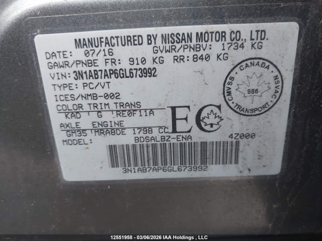 Aukcja sprzedaży 2016 Nissan Sentra, vin: 3N1AB7AP6GL673992, numer aukcji: 12551958