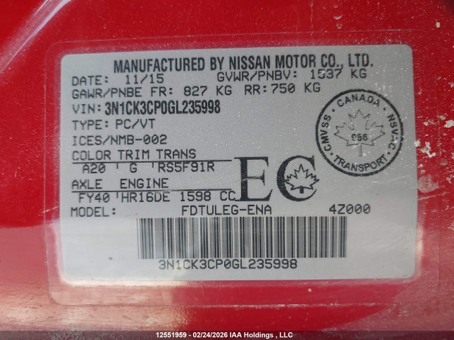 3N1CK3CP0GL235998 Nissan Micra S/sr/sv