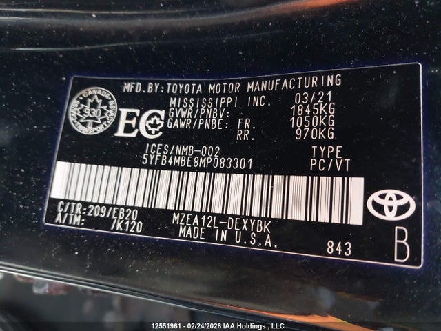 12551961 :رقم المزاد ، 5YFB4MBE8MP083301 vin ، 2021 Toyota Corolla Se مزاد بيع