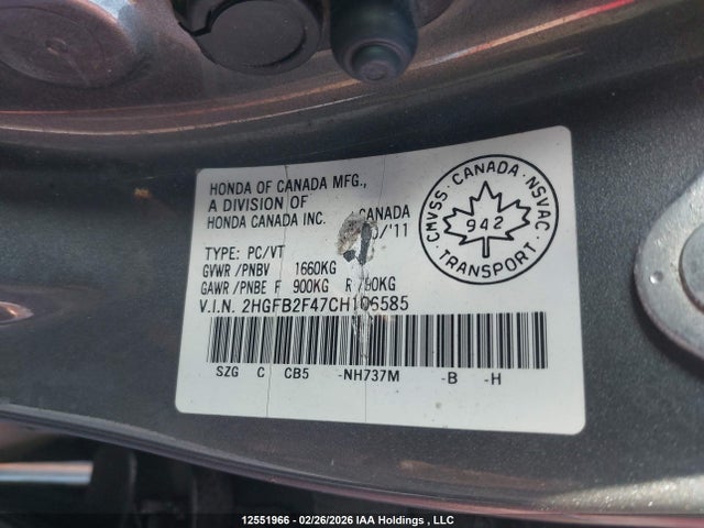 Aukcja sprzedaży 2012 Honda Civic Lx, vin: 2HGFB2F47CH106585, numer aukcji: 12551966
