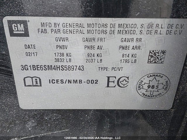 3G1BE6SM4HS589743 Chevrolet CRUZE LT