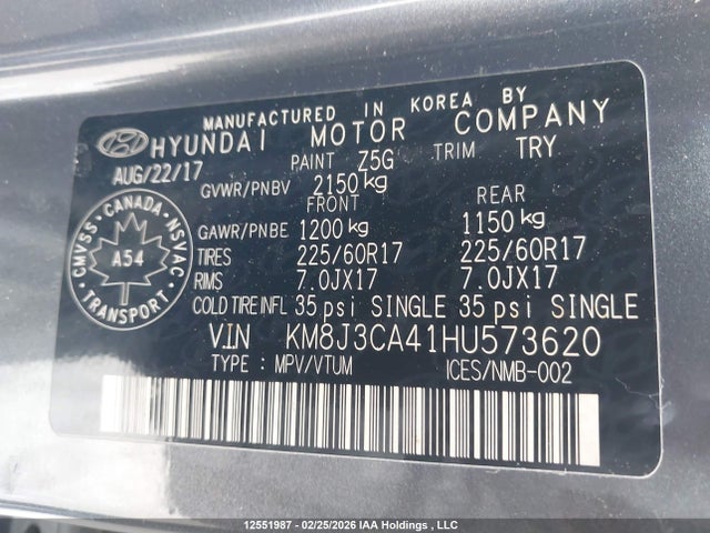 Aukcja sprzedaży 2017 Hyundai Tucson Limited/sport And Eco/se, vin: KM8J3CA41HU573620, numer aukcji: 12551987