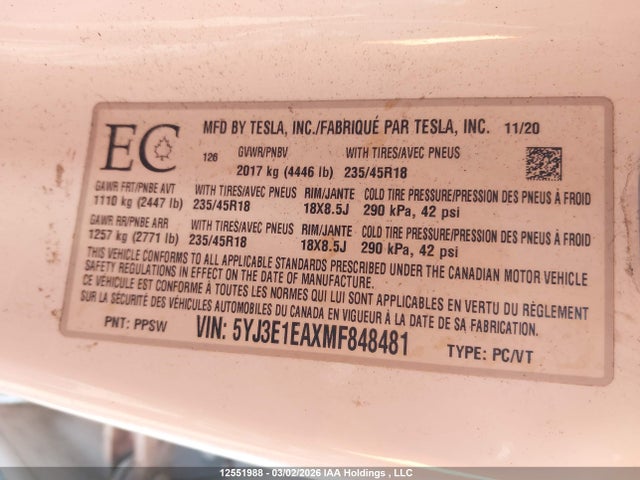 5YJ3E1EAXMF848481 Tesla Model 3 Standard Range/standard Range Plus