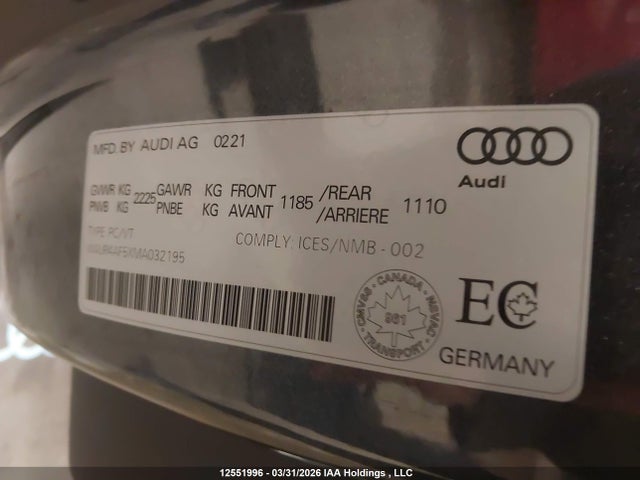 12551996 :رقم المزاد ، WAUR4AF5XMA032195 vin ، 2021 Audi S5 Prestige مزاد بيع