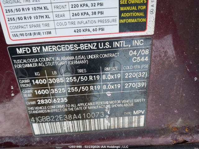 Auction sale of the 2008 Mercedes-benz Ml 320 Cdi 4matic, vin: 4JGBB22E38A410073, lot number: 12551998