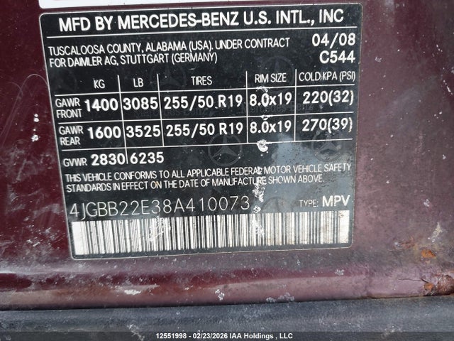 Auction sale of the 2008 Mercedes-benz Ml 320 Cdi 4matic, vin: 4JGBB22E38A410073, lot number: 12551998