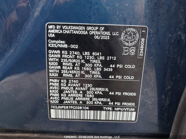 12552003 :رقم المزاد ، 1V2JNPE87PC038104 vin ، 2023 Volkswagen Id.4 Pro مزاد بيع