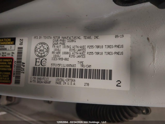 Aukcja sprzedaży 2020 Toyota Tundra Double Cab Sr/double Cab Sr5/double Cab Trd Pro, vin: 5TFUY5F11LX885683, numer aukcji: 12552004