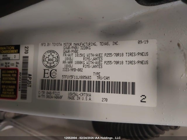 Aukcja sprzedaży 2020 Toyota Tundra Double Cab Sr/double Cab Sr5/double Cab Trd Pro, vin: 5TFUY5F11LX885683, numer aukcji: 12552004