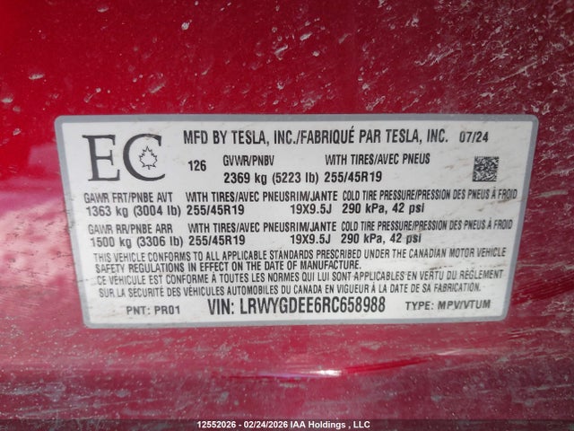 Aukcja sprzedaży 2024 Tesla Model Y, vin: LRWYGDEE6RC658988, numer aukcji: 12552026