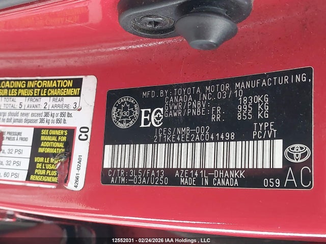 12552031 :رقم المزاد ، 2T1KE4EE2AC041498 vin ، 2010 Toyota Matrix Xr مزاد بيع