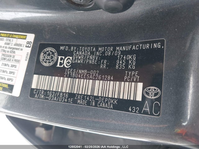 12552041 :رقم المزاد ، 2T1BU4EE5AC261284 vin ، 2010 Toyota Corolla S/le/xle مزاد بيع