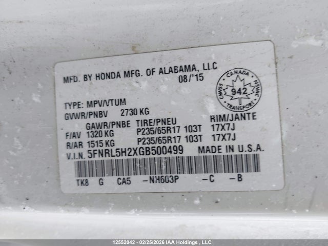 5FNRL5H2XGB500499 Honda ODYSSEY LX